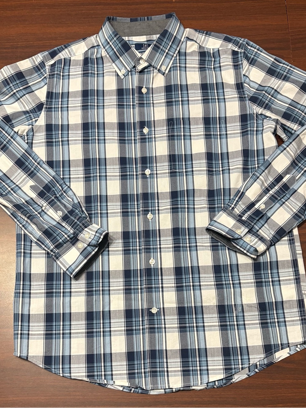 George Men's White and Blue Plaid Button-Down Shirt